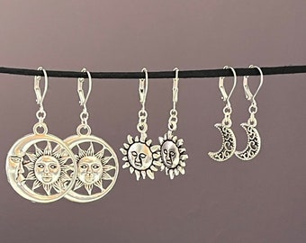 Hoops Celestial Sun Moon Earrings | Tibetan Silver Mixed Celestial Charms Dangle Drop Hoop Earrings | NEW Handmade Jewellery