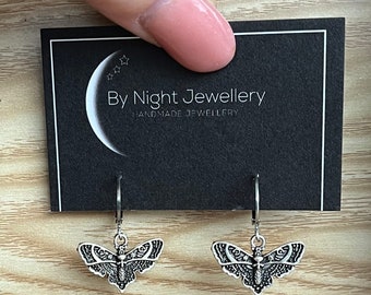 Silver Moths Halloween Autumn Hoops Goth Earrings | Handmade Earrings