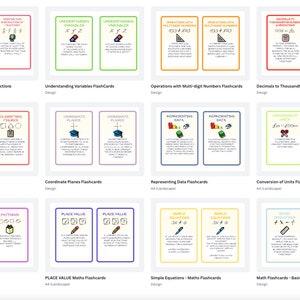 以下が含まれることがあります： 体積、分数、位取り、基本的な演算など、さまざまな数学的概念が書かれた、カラフルなフラッシュカード20枚セット。各カードには、異なるイラストとテキストが記載されています。