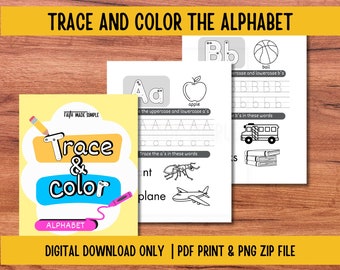 May include: A printable worksheet for tracing and coloring the alphabet. The worksheet features a colorful title "Trace & Color Alphabet" and includes uppercase and lowercase letters A and B with accompanying images and practice lines.