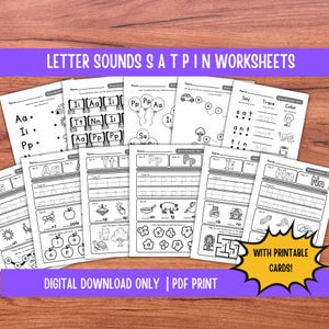 Puede incluir: Una colección de hojas de trabajo imprimibles en blanco y negro para la alfabetización temprana. Las hojas de trabajo presentan sonidos de letras, actividades de trazado y coloreado. El texto incluye "LETTER SOUNDS SATPIN WORKSHEETS", "DIGITAL DOWNLOAD ONLY | PDF PRINT".