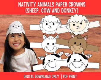 Papieren kronen kerststal: schaap, koe en ezel, afdrukbare kerstknutsels, kerststalkostuums