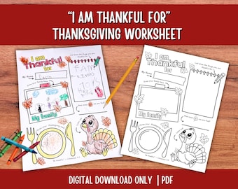 Thanksgiving-werkblad voor kinderen | Afdrukbare activiteit 'Ik ben dankbaar voor' | Kleurplaat Christelijke dankbaarheid