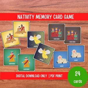 Juego de memoria de la Natividad, juego de memoria navideño, juego navideño imprimible, divertidas actividades navideñas para niños y familia.