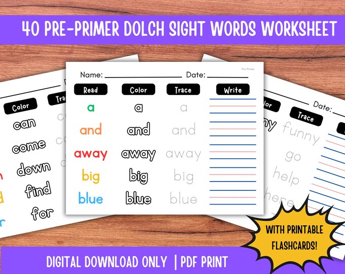 Pre-primer Dolch Sight Words Worksheets: Flashcards & Practice Sheets ...
