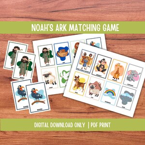May include: A set of illustrated cards for a Noah's Ark matching game. The cards feature images of Noah, animals, the ark, and other related elements. The text "Noah's Ark Matching Game" is at the top, and "Digital Download Only | PDF Print" is at the bottom.