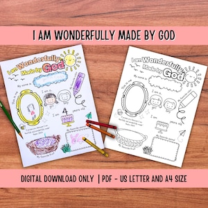 May include: Two printable coloring pages with the text "I AM WONDERFULLY MADE BY GOD". Each page has fill-in-the-blank sections for name, age, favorite color, animal, and fruit. Crayons and a pencil are on the wooden surface.