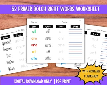 Primer Dolch Sight Words Worksheets: Kids Reading Practice (Printable PDF Flashcards)