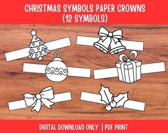 Papieren kronen met kerstsymbolen, kerststal, afdrukbaar kerstcadeau