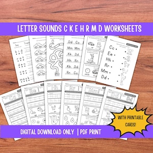 Może przedstawiać: Zestaw czarno-białych arkuszy do druku do nauki dźwięków liter. Arkusze zawierają ćwiczenia śledzenia, działania dopasowujące i ilustracje przedmiotów. Tekst na obrazie to "LETTER SOUNDS CKEHRMD WORKSHEETS" i "DIGITAL DOWNLOAD ONLY | PDF PRINT".