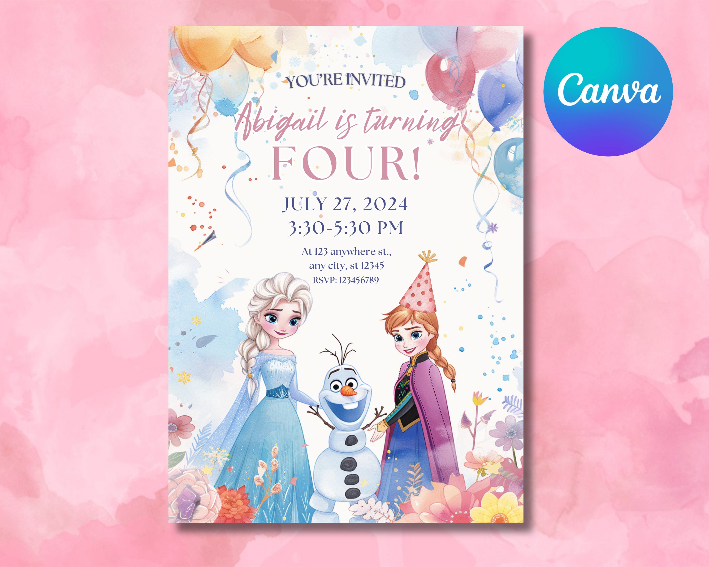 Frozen Themed Birthday Invitation for Girls Customizable Princess Elsa and Anna Design ...