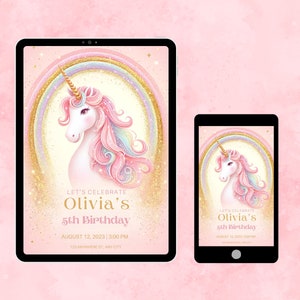 Unicorn Birthday Invitation - Sparkling Pink & Gold Rainbow, Custom Printable Kids Party Invite- Customizable Birthday Digital Template