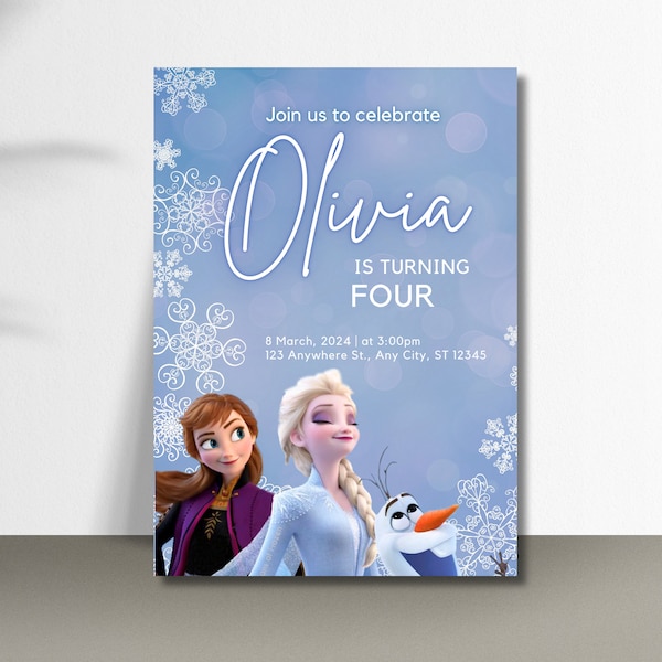 Frozen Elsa, Anna, Olaf Birthday Party Invitation - Enchanted Winter Wonderland Snowflake Design - Customizable Birthday Digital Template