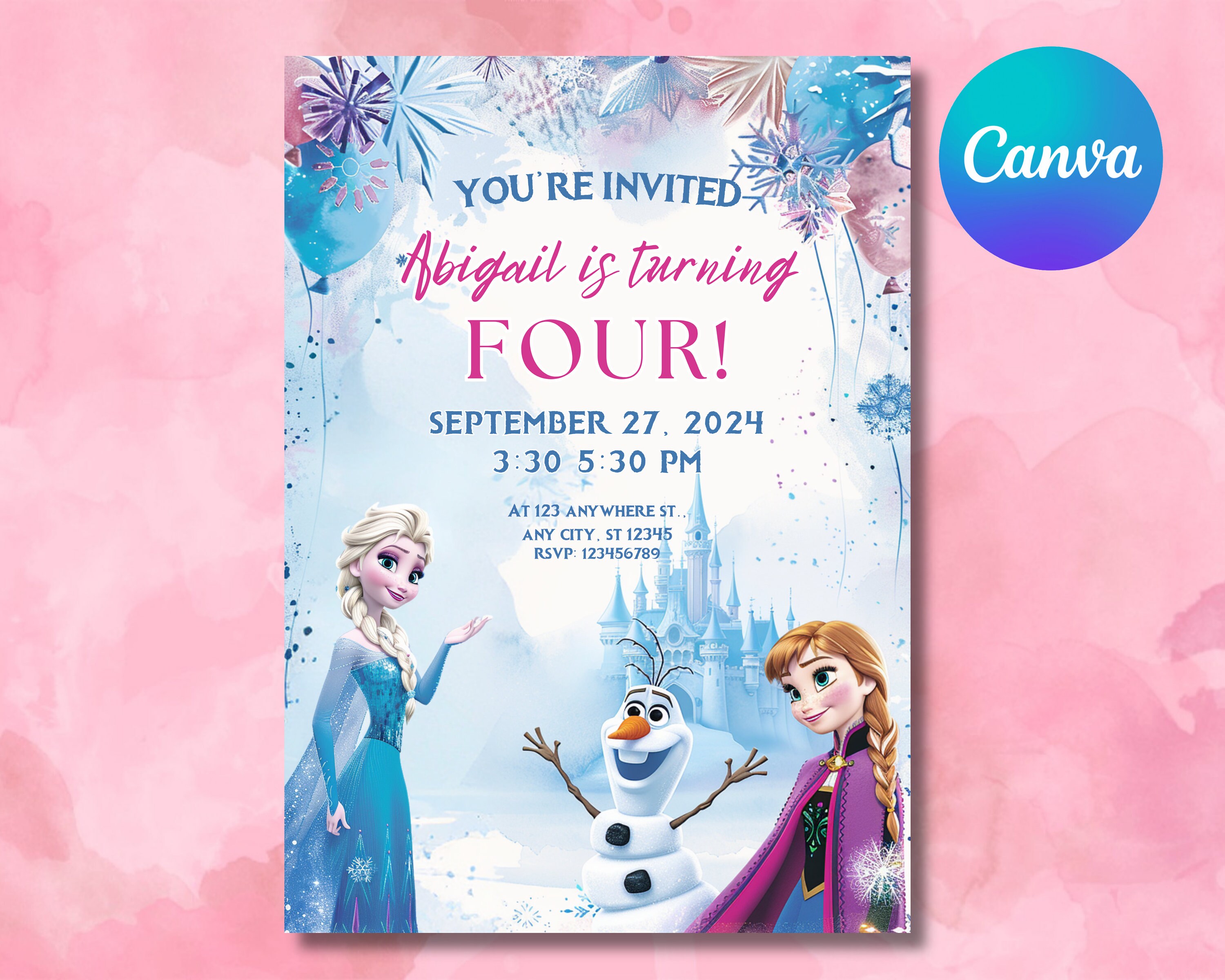 Frozen Themed Birthday Invitation for Girls Customizable Princess Elsa and Anna Design ...