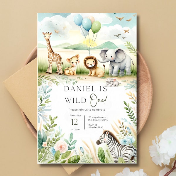 Safari Jungle Birthday Invitation - Watercolor Wild One Animal Party Invite - Customizable First Birthday Digital Template