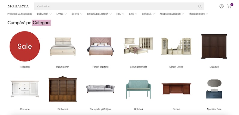 May include: A website screenshot showing a variety of furniture for sale, including beds, dressers, bookcases, sofas, and tables. The website is called "MOBARTA" and features a "Sale" banner.
