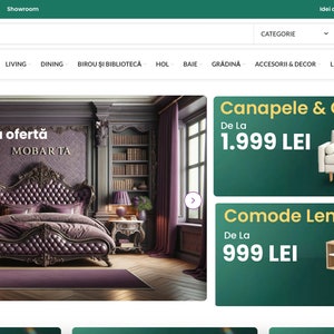 May include: A website homepage for a furniture store called Mobarta. The website features a large image of a luxurious bedroom with a king-size bed, a chair, and a bookshelf. The website also features images of sofas and a TV stand.