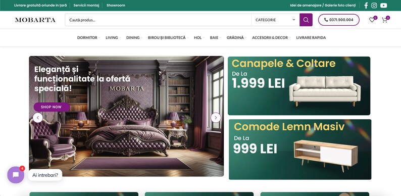 May include: A website homepage for a furniture store called Mobarta. The website features a large image of a luxurious bedroom with a king-size bed, a chair, and a bookshelf. The website also features images of sofas and a TV stand.