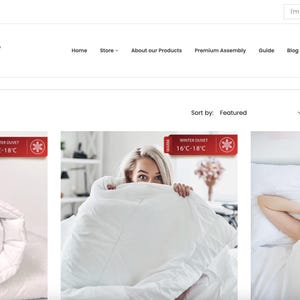 May include: Three images showcasing different duvet styles. The first image shows a white duvet rolled up with cotton bolls in the background. The second image shows a woman holding a white duvet up to her face. The third image shows a woman sleeping in a white duvet on a bed.