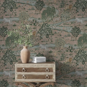 William Morris Inspired Enchanted Meadow Wallpaper Pastel Forest Animal Mural Vintage Nature Wall Decor for Bedroom