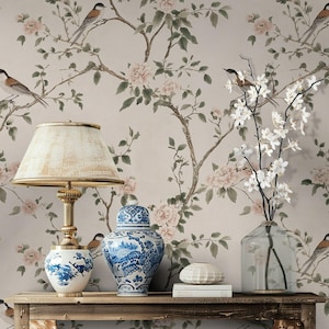 Bird and Blossom Wallpaper Peel and Stick Elegant Asian Style Bird and Floral Pattern for Serene Wall Mural