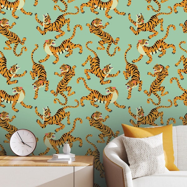 Tiger Wallpaper Peel and Stick Animal Wall Mural Green Background Wall Decor