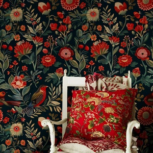 Vibrant Red and Black Floral Wallpaper with Birds for Bold and Artistic Home Decor Peel and Stick