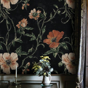Schwarze Blumentapete | Orangenblüte Wandbild | Vintage botanisches klassisches Design