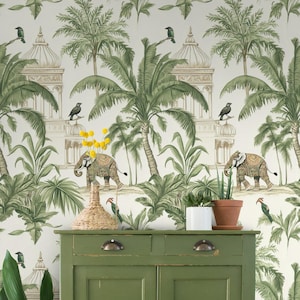 Papier peint jungle exotique, palais indien et éléphant, décoration murale tropicale avec papier peint, décoration murale safari