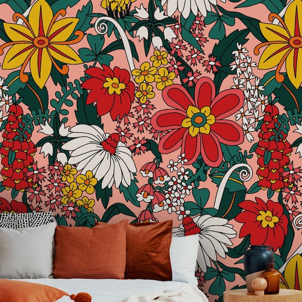 Flores en Estilo Hippie Peel And Stick Wallpaper Papel no tejido sin PVC