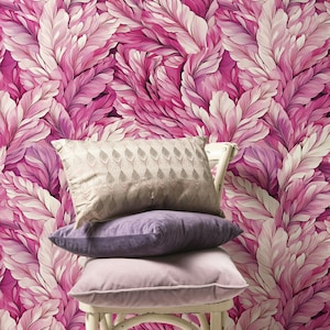 Carta da parati con motivo a piume rosa, elegante murale boho chic, design di foglie floreali di lusso