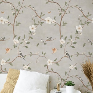 Carta da parati elegante con uccelli e magnolie - Carta da parati floreale vintage - Motivo naturale con sfondo grigio