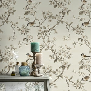 Elegante carta da parati con uccelli e fiori, staccabile e attaccabile, motivo floreale cinese per la decorazione della camera da letto
