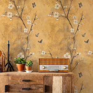 Carta da parati vintage con fiori di ciliegio dorati