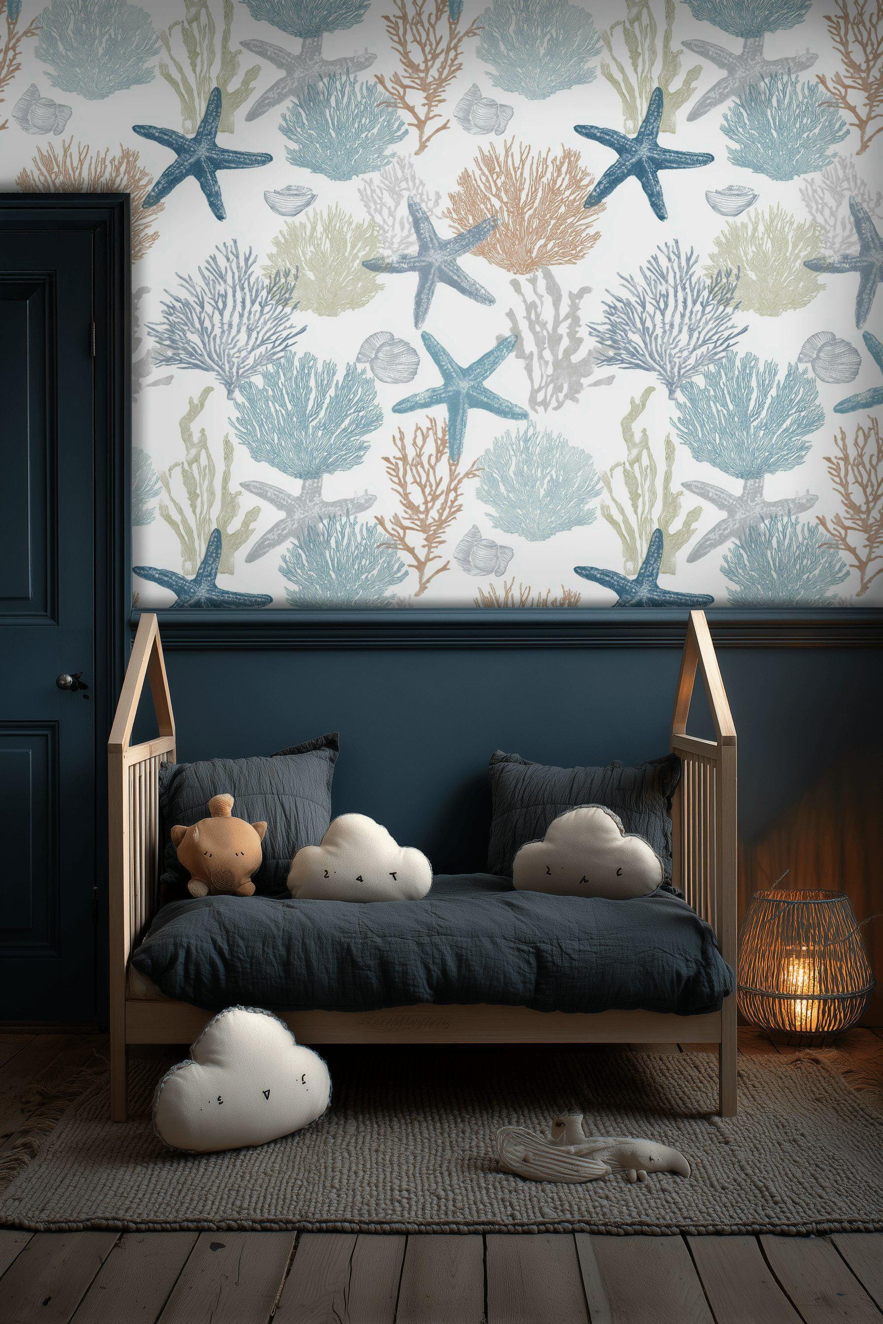 Coastal Starfish Wallpaper Peel and Stick Coral Mural Ocean Wall Decor ...