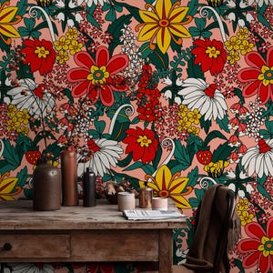 Papier peint fleurs de style hippie non tissé sans PVC
