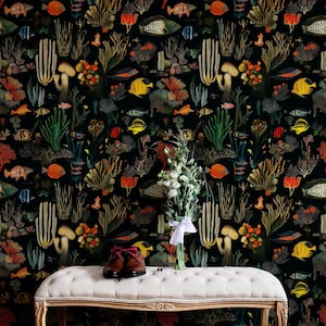 Carta da parati con scena subacquea vibrante, design di pesci e coralli colorati, tema oceano, rivestimento murale rimovibile, stacca e attacca