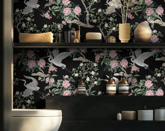 Oriental Crane Wallpaper Black and Pink Floral Wall Mural Peel and Stick