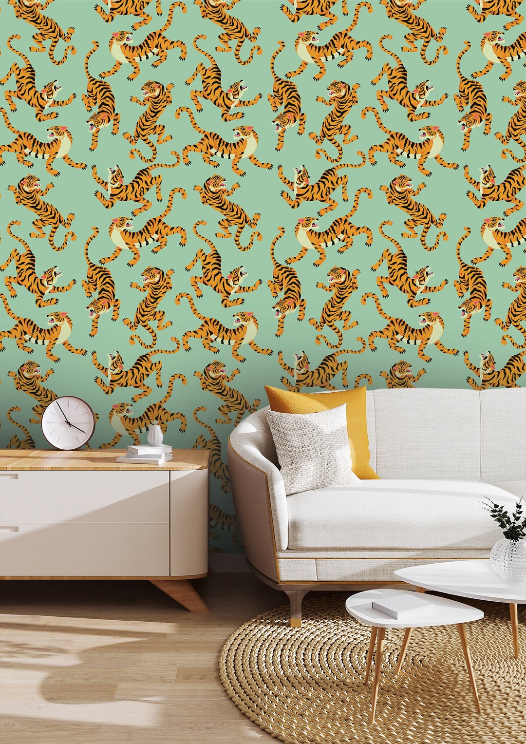 Tiger Wallpaper Peel and Stick Animal Wall Mural Green Background Wall