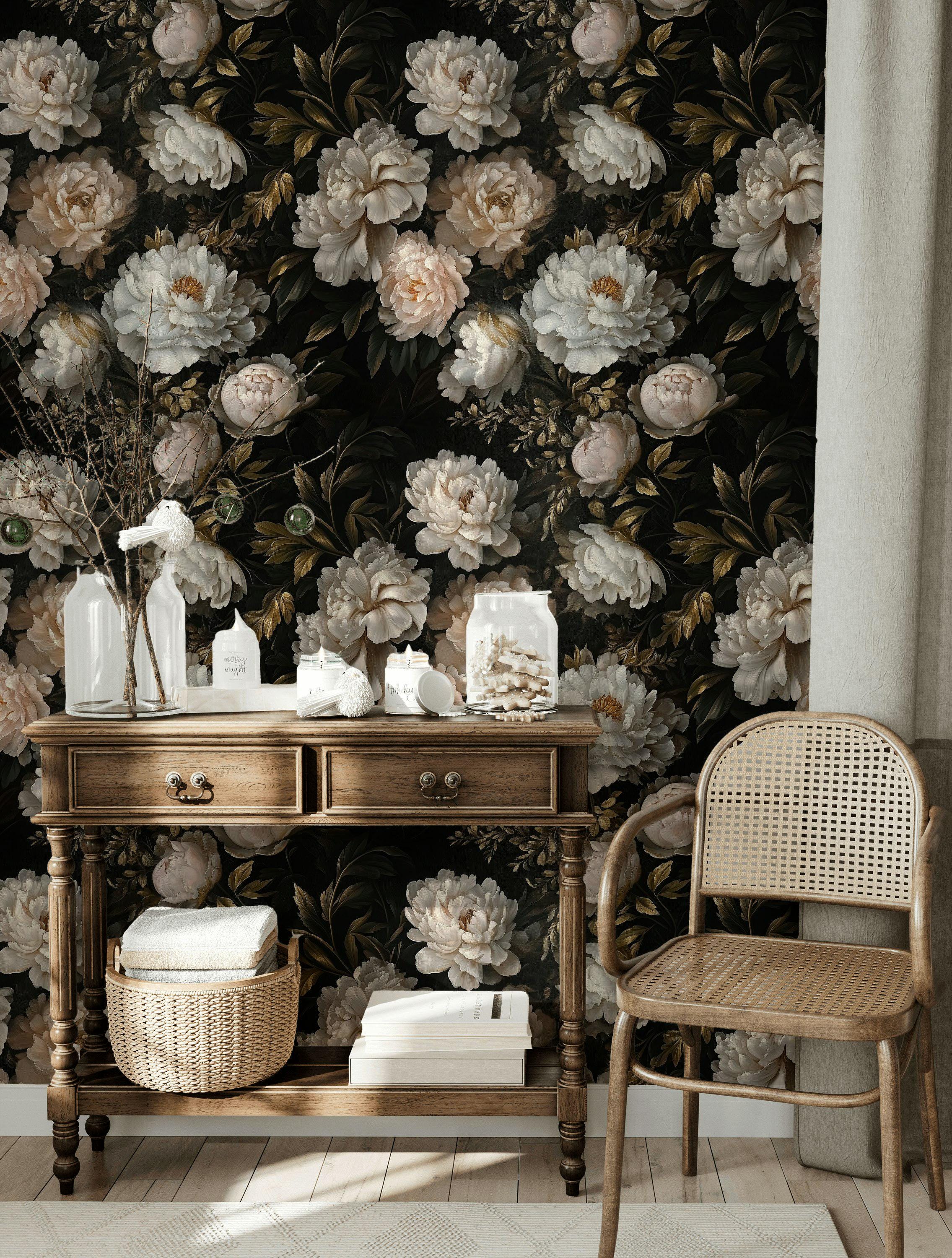 Dark Floral Wallpaper Peel and Stick Moody Peony Wall Mural - Etsy