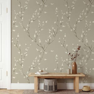 Minimalist Willow Branch Wallpaper Soft Beige Background with Delicate White Buds Peel and Stick Wall Mural