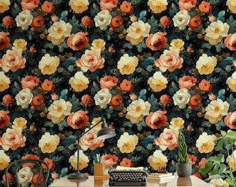 Moody Dark Floral Peel And Stick Wallpaper | Vintage Rose Wall Mural | Oil Painting Wall Decor