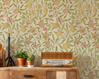 Carta da parati con frutta di William Morris - Pesche su crema, corallo su turchese, mandarino su pergamena, terracotta su cielo - Design vintage del 1864