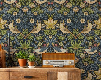 Strawberry Thief Wallpaper by William Morris Indigo Garden, Oak Burnet, Spring Meadow, Crimson & Mistle, Golden Quarry Wall Mural