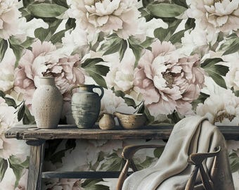 Soft Blush Peony Wallpaper Large Floral Peel and Stick Wall Mural Romantic Flower Design for Bedroom