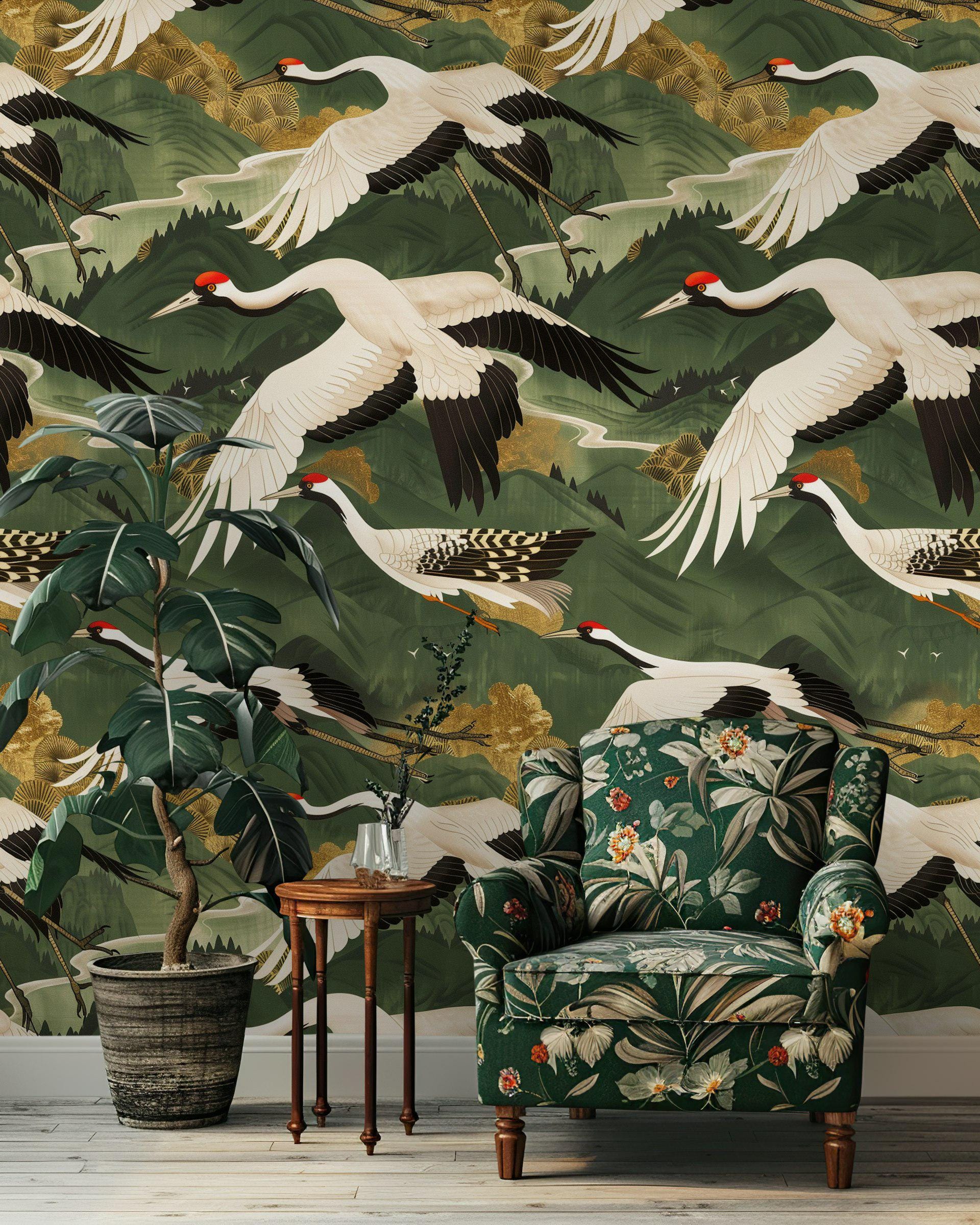 Elegant Crane and Mountain Pattern Wallpaper, Japanese Inspired Wall Mural in Green and Gold