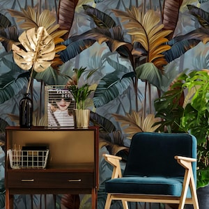 Carta da parati con fogliame tropicale staccabile e attaccabile, design di foglie lussureggianti della giungla per un murale esotico e vibrante
