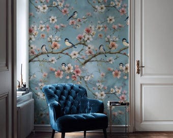 Papel pintado de pájaros en flor, despegable y adhesivo, mural de primavera, decoración de pared natural