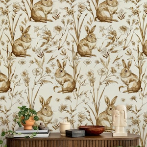 Carta da parati vintage con conigli e fiori di campo, murale con animali del bosco in tonalità seppia