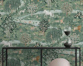 Papel de parede inspirado em "A Canção das Árvores" de William Morris | Mural de parede Floresta Encantada | Adesivo de parede com animais divertidos